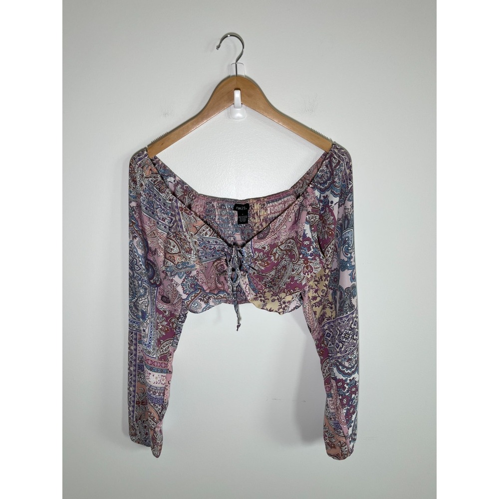 Fairy Boho Cottage Womens Top L Multicolor Patchwork Paisley Balloon Sleeves